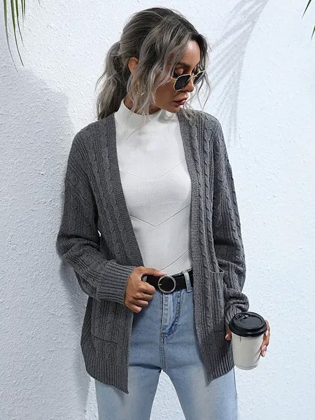 Milanoo Women\'s Sweaters Cardigans Deep Gray Cotton Long Sleeves V-Neck Winter Casua Sweaters Coats