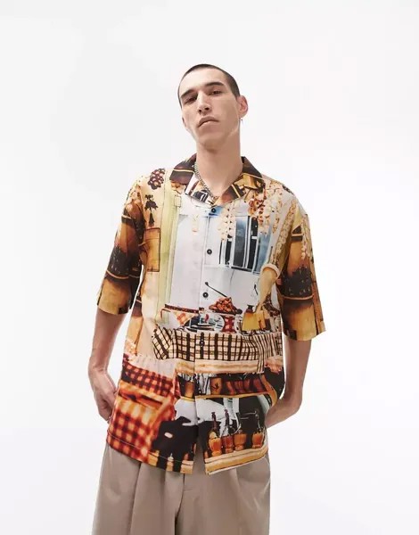Яркая рубашка Topman с короткими рукавами свободного кроя, воротником с лацканами и принтом кафе