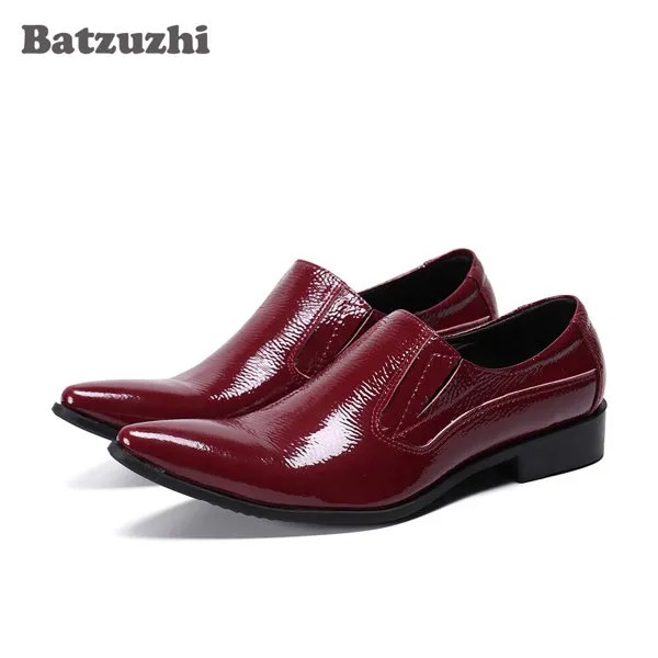 Batzuzhi/Формальные кожаные модельные туфли в деловом стиле; Мужские туфли-оксфорды с острым носком без шнуровки; Цвет винный, красный; Свадебные туфли для мужчин; Большие размеры США 12