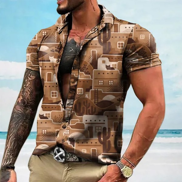 Мужская повседневная рубашка с коротким рукавом с принтом Hawaiian Desert Kitten