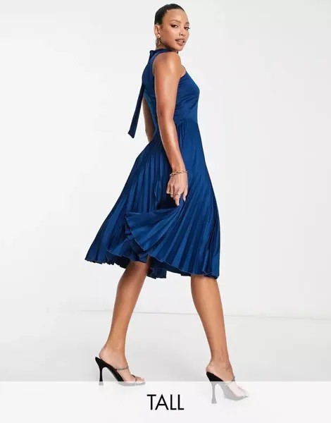 Темно-синее плиссированное платье миди с высоким воротником и плиссировкой Closet London