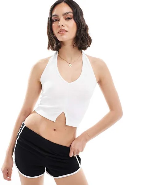 Pull&Bear – Белый топ в рубчик с бретельками на шее