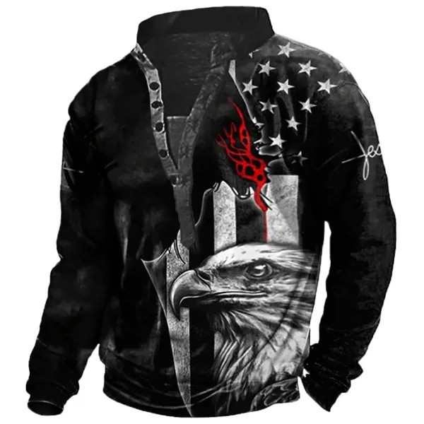 Мужская винтажная толстовка с воротником на пуговицах с принтом американского флага и орла