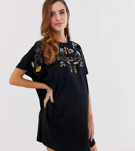 Черное свободное платье-футболка с вышивкой ASOS DESIGN Maternity-Черный