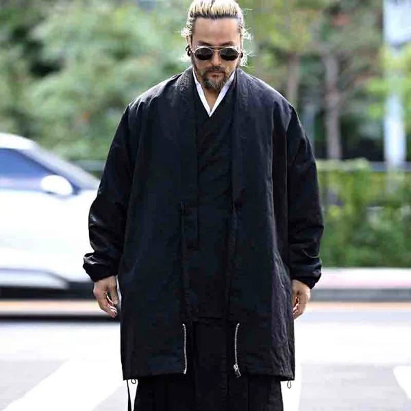 Мужская Осенняя модная трендовая кружевная свободная ветровка средней длины японский кардиган на шнуровке с V-образным вырезом пальто с длинным рукавом