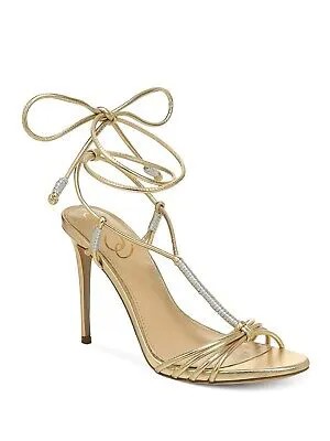 SAM EDELMAN Женские босоножки на каблуке-шпильке с круглым носком золотистого цвета металлик из сафии, размер 8 м