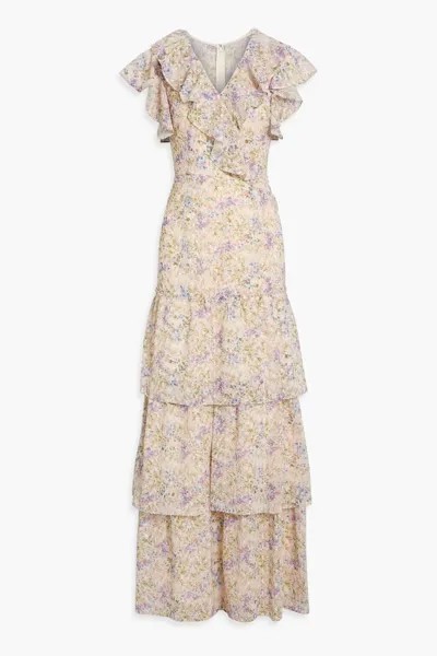 Многоярусное платье макси из английской вышивки с цветочным принтом Mikael Aghal, сирень
