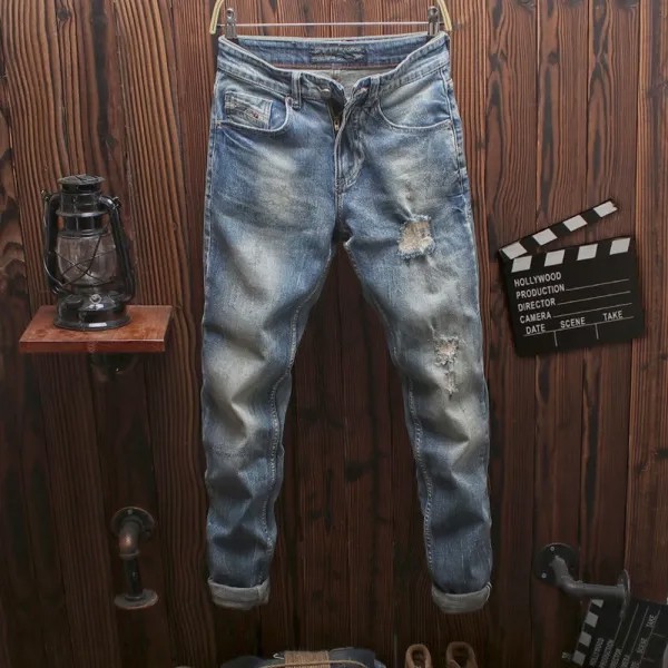 Уличные мужские рваные джинсы с дырками, потертые джинсовые брюки-карандаш, эластичные облегающие уличные длинные брюки, ковбойские джинсовые брюки 28-38