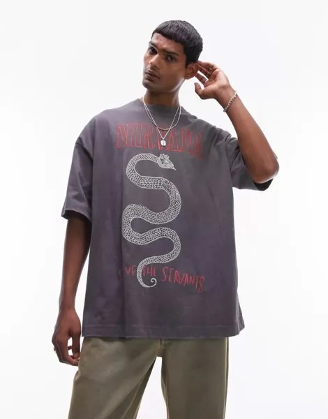 Черная футболка Topman с очень объемным кроем, текстовым принтом «Nirvana» ​​и змеиным мотивом