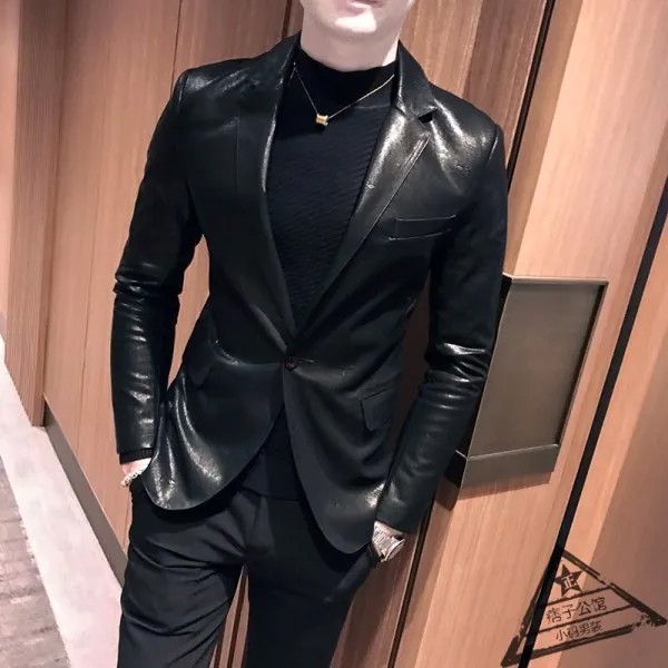 Кожаный Модный мужской блейзер с вышивкой, двубортный приталенный костюм, куртка с лацканами для вечерние, деловой черный короткий пиджак