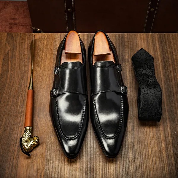 Туфли мужские деловые, ремешок с пряжкой, заостренный носок, классические, кожаные, США 6-14, 07-806, летние