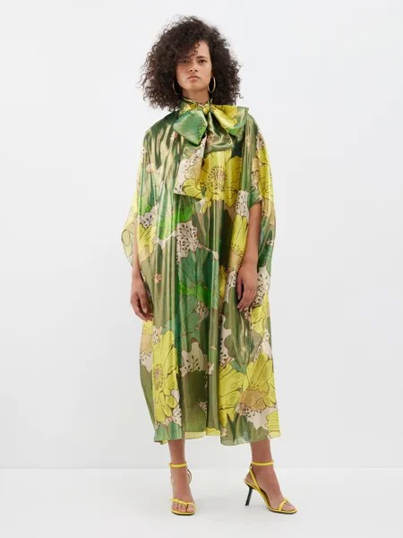 Платье из смесового шелка и ламе с цветочным принтом и вырезом бантом Halpern, зеленый