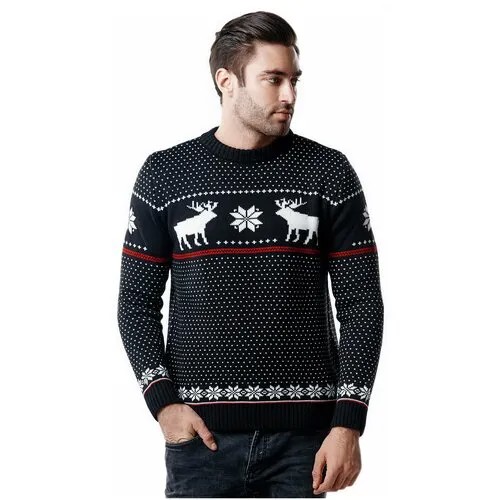 Шерстяной свитер, классический скандинавский орнамент, Олени и снежинки, натуральная шерсть, черный и белый цвет, размер L