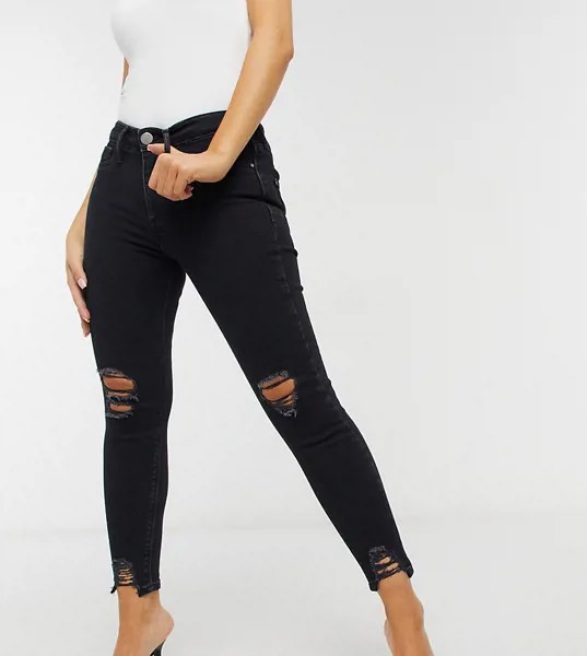 Черные выбеленные джинсы скинни с необработанным краем River Island Petite Molly-Черный цвет