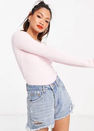 Розовое боди в рубчик с длинными рукавами и V-образным вырезом ASOS DESIGN-Розовый цвет