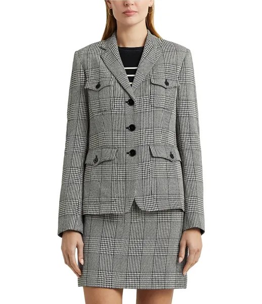 Lauren Ralph Lauren Gresnee Итальянский твидовый пиджак в клетку с длинными рукавами и лацканами с вырезом, серый