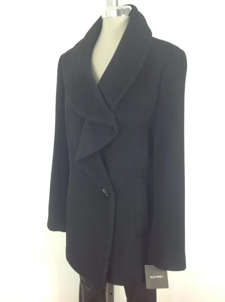 Ellen Tracy NWT Черное роскошное вневременное женское пальто с рюшами и лацканами спереди, размер 10