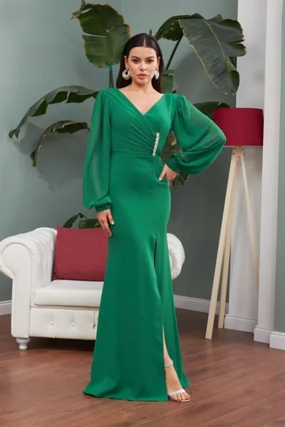 Изумрудное шифоновое длинное вечернее платье с пряжкой Carmen, зеленый
