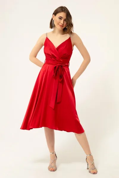 Женское красное атласное вечернее платье миди с двубортным воротником Lafaba, красный