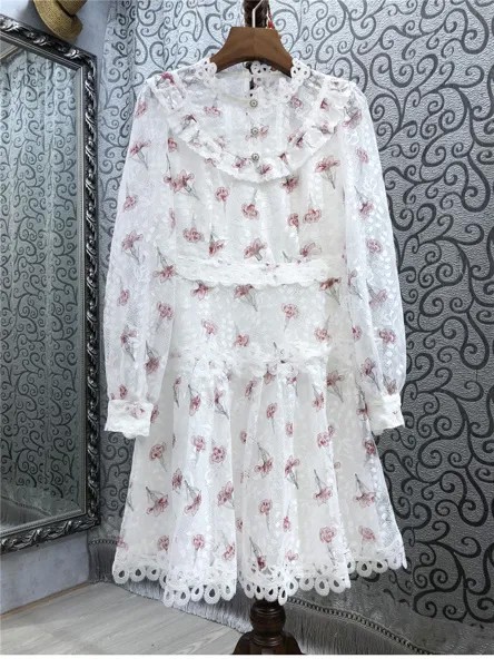 Женское кружевное платье-туника с длинным рукавом, белое или серое платье-трапеция с цветочным принтом, лето 2021