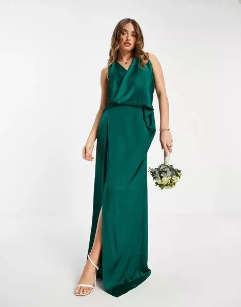 Изумрудно-зеленое атласное платье макси с запахом TFNC