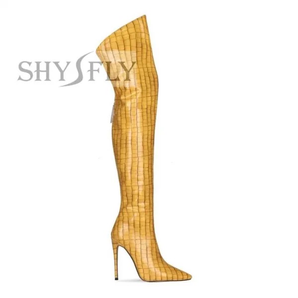 Женские Модные Фетиш-туфли на высоком каблуке, привлекательные желтые ботфорты на молнии, обувь из лакированной кожи, 2021