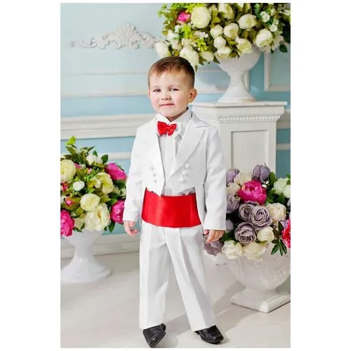 Костюм фрак Лиола для мальчика 4 предмета (пиджак, брюки, пояс, бабочка), цвет белый с красным, размер 140