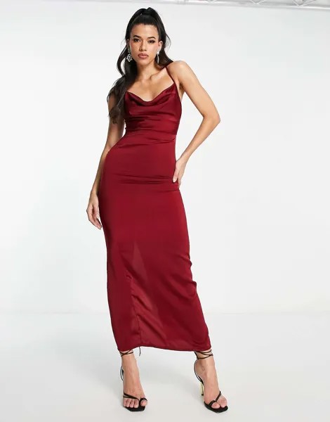 Бордовое атласное платье макси с воротником-хомутом NaaNaa