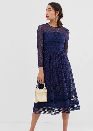 Темно-синее кружевное приталенное платье миди ASOS DESIGN Tall Premium-Темно-синий