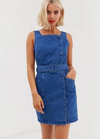 Джинсовое платье мини с поясом и пуговицами ASOS DESIGN-Синий