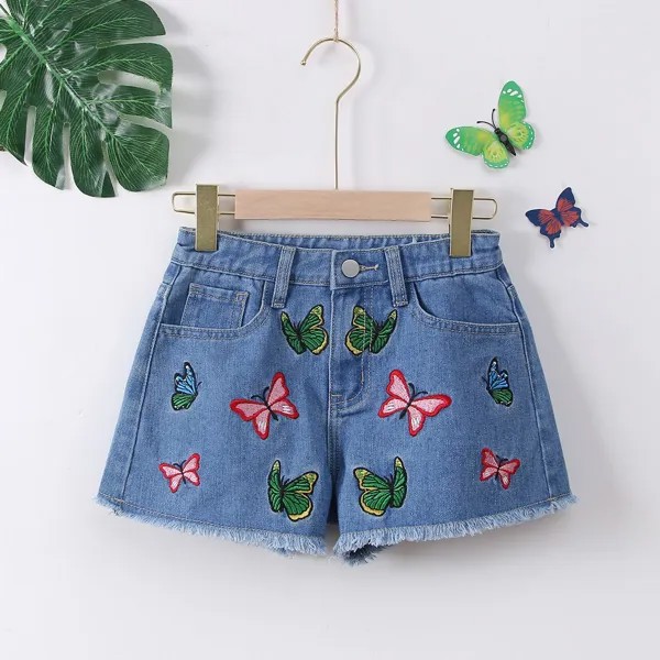 Для девочек Джинсовые шорты с вышивкой бабочки с необработанной отделкой