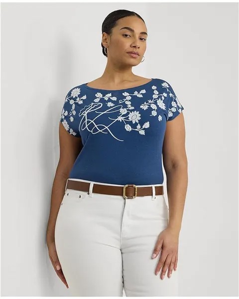 Футболка LAUREN Ralph Lauren Plus-Size Floral-Embroidered Jersey, цвет Indigo Dusk/White