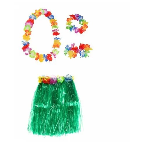 Гавайская юбка зеленая 40 см, ожерелье лея 96 см, венок, 2 браслета (набор)
