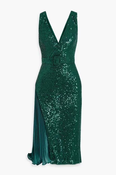 Платье из тюля с атласными вставками и пайетками Badgley Mischka, изумруд