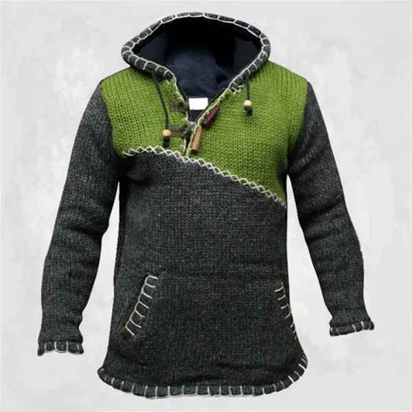 Мужской утолщенный свитер с капюшоном с цветными блоками