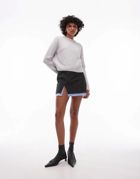 Светло-серый вязаный джемпер Topshop с круглым вырезом, рукавами реглан и открытыми швами