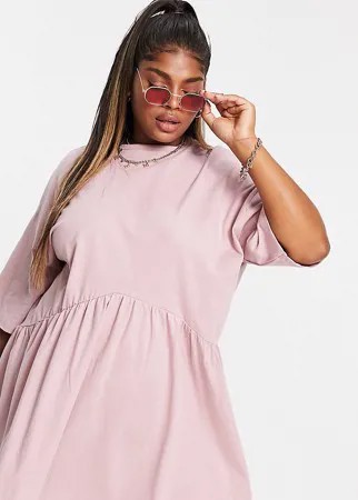 Платье мини в стиле oversized с присборенной юбкой и заниженной талией розового цвета ASOS DESIGN Curve-Розовый цвет