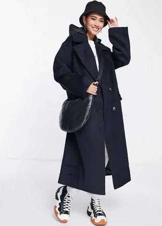 Oversized-пальто темно-синего цвета из комбинированных материалов с капюшоном из плащевой ткани ASOS DESIGN-Разноцветный