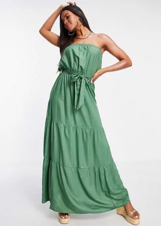 Ярусное пляжное платье макси с верхом в виде бандо цвета хаки ASOS DESIGN-Зеленый цвет
