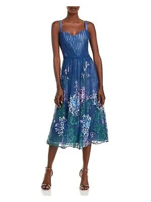 MARCHESA NOTTE Женское синее сетчатое вечернее платье миди без рукавов + расклешенное платье 2