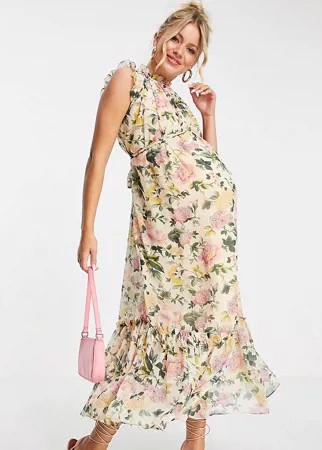 Платье мидакси с цветочным принтом, высоким воротником и расклешенными рукавами Hope & Ivy Maternity-Многоцветный