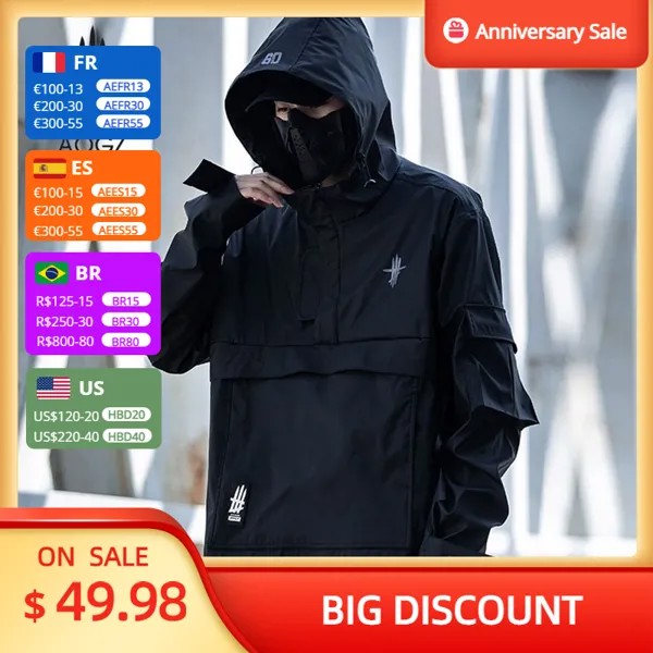 Куртка-бомбер AOGZ Techwear Мужская, тактическая ветровка на молнии с капюшоном, Повседневная Свободная Толстовка, пуловер, верхняя одежда, весна
