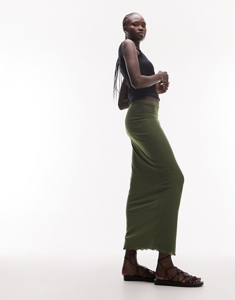 Юбка миди цвета хаки из сетки с кружевной отделкой Topshop Tall