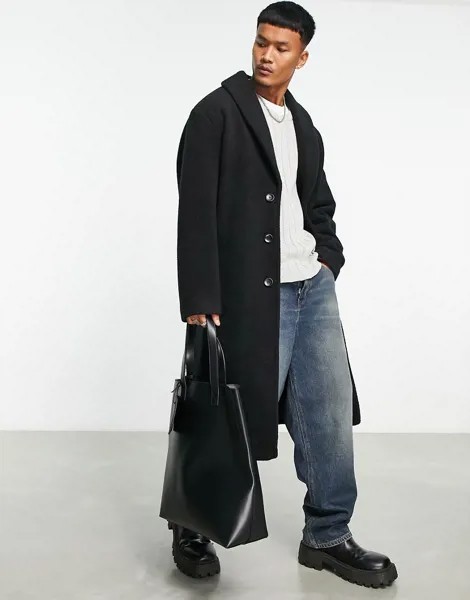 Черное удлиненное oversized-пальто с поясом из материала с имитацией шерсти ASOS DESIGN-Черный цвет