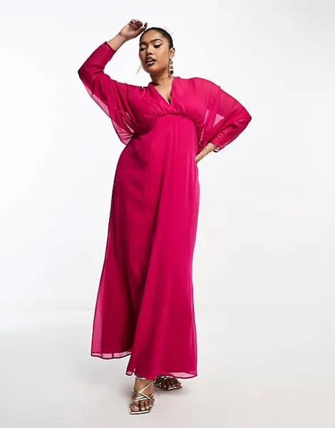 Эксклюзивное ярко-розовое шифоновое платье макси с рукавами «летучая мышь» ASOS DESIGN Curve