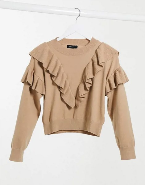 Бежевый свитшот с оборками спереди New Look-Коричневый