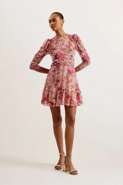 Сетчатое мини-платье Mildrd со сборками на плечах Ted Baker, розовый