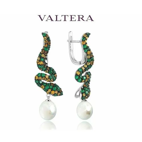 Серьги VALTERA, серебро, 925 проба, жемчуг культивированный, фианит, изумруд синтетический, длина 4 см, серебряный