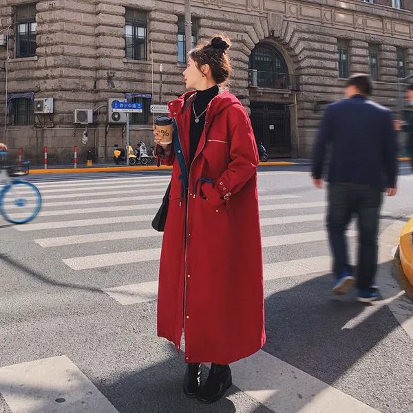Красная стеганая куртка Паркер Женская средней длины выше колена зима 20212 Корейская свободная Вельветовая Толстая ветровка легкое пальто ...