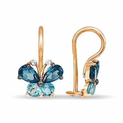 Серьги Яхонт, золото, 585 проба, фианит, топаз, синий, голубой